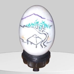 Vintage Hand Carved And Painted Marble Egg Art with Scenic Design Size 2.5 In